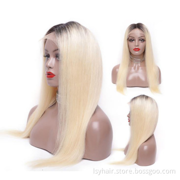 Top Quality Blonde Human Hair Lace Front Wig  Ombre Colo Blonde#613 With Black Dark Root, 100% Virgin Hair Human Hair Wigs